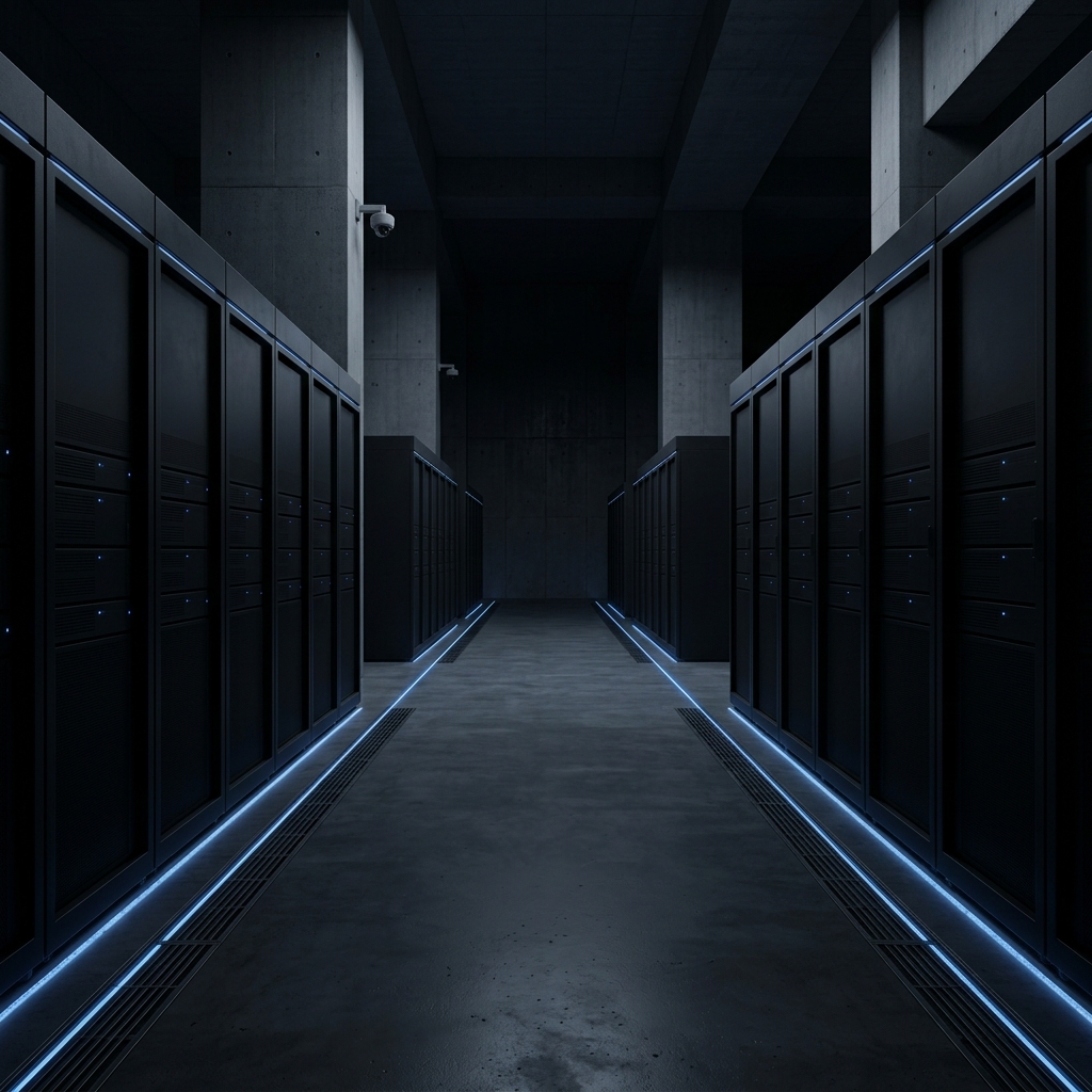 Secure data centre corridor with blue LED accent lighting — settlement infrastructure