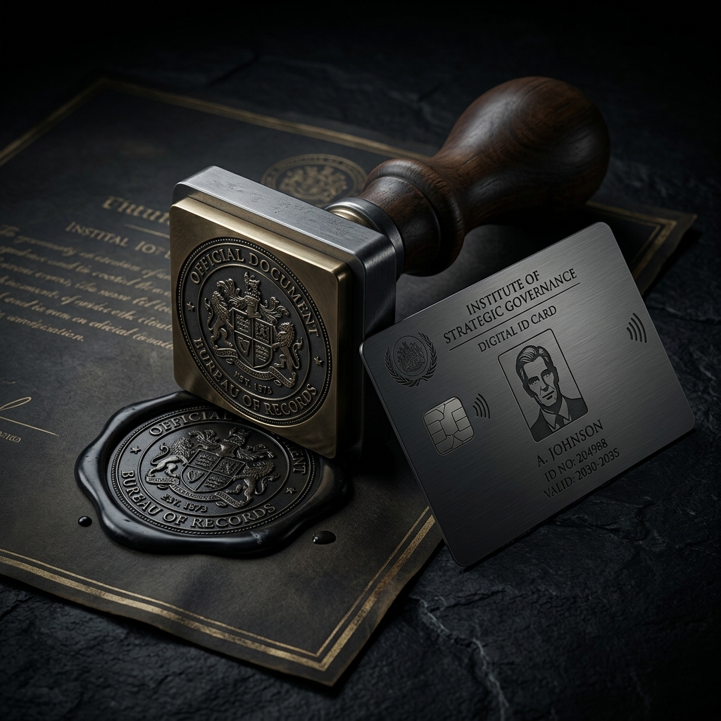A heavy metallic wax-stamp pressing down on a dark official document alongside the ID card