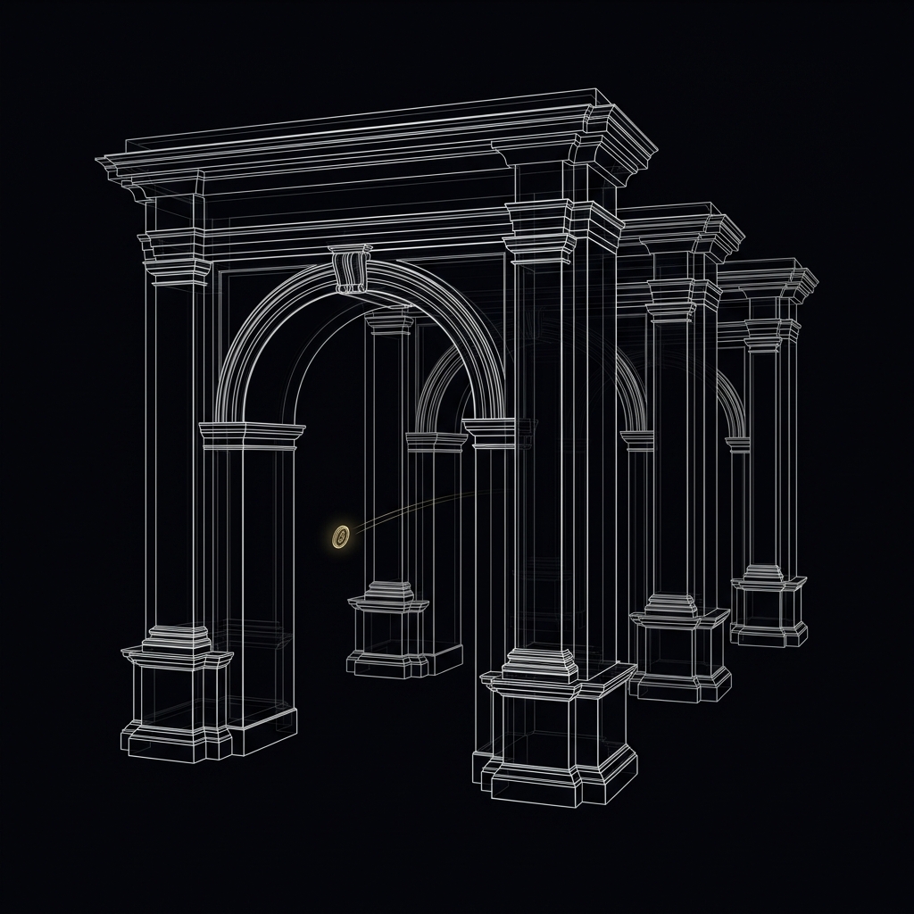 Three progressively larger stone archways with a traveling coin — the three-tier approval gate (DRO, FIU, Minister)