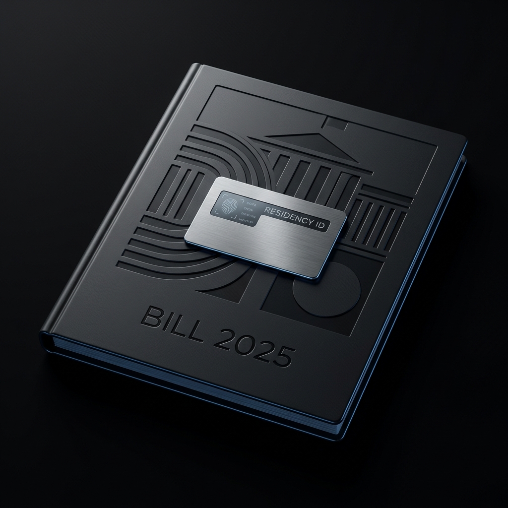 A high-tech metallic dossier debossed with BILL 2025 and an absolutely secure titanium digital residency ID card resting on top